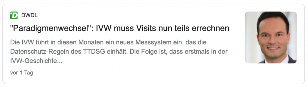 Quelle: Google News Screenshot & DWDL | https://www.dwdl.de/zahlenzentrale/86072/paradigmenwechsel_ivw_muss_visits_nun_teils_errechnen/